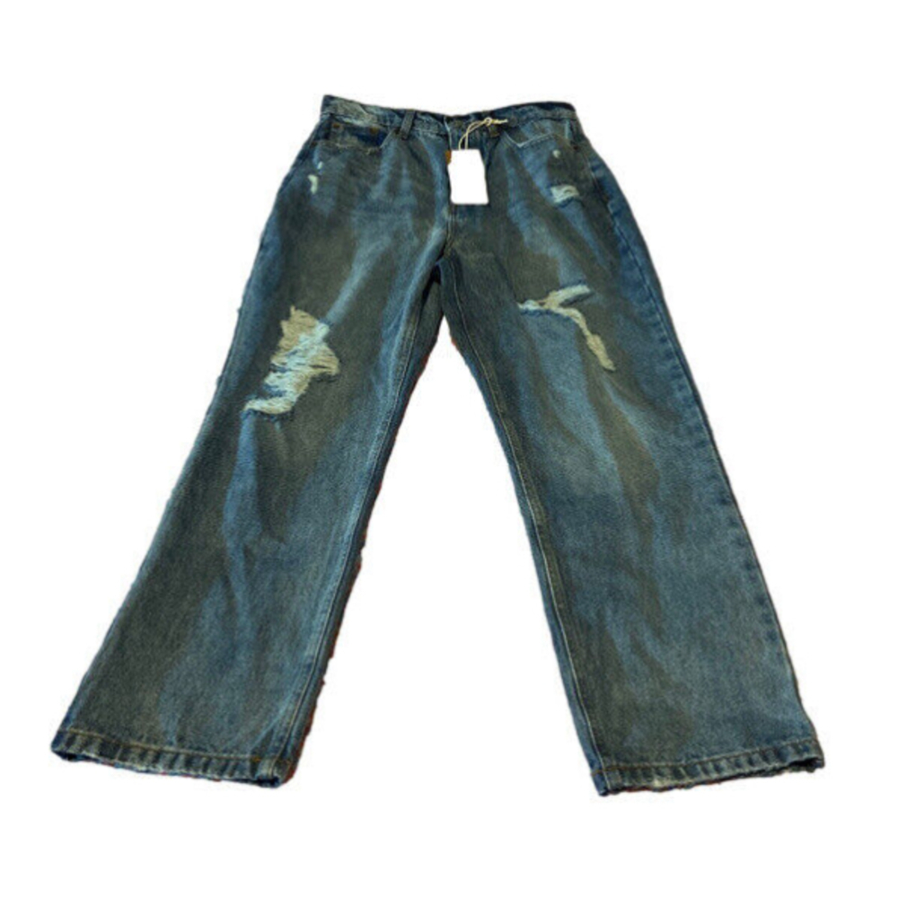 Vanilla Star Womens High Rise Denim 90’s Straight Leg Jeans Destructed Destroyed
